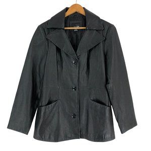 East 5th Women's Size Large Black Genuine Leather Jacket Button Front Collared